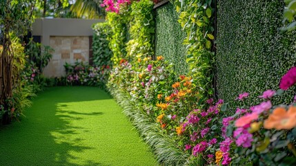 Naklejka premium Beautifully manicured plant fence with lush greenery and colorful blooms, creating a natural enclosure in a picturesque outdoor setting