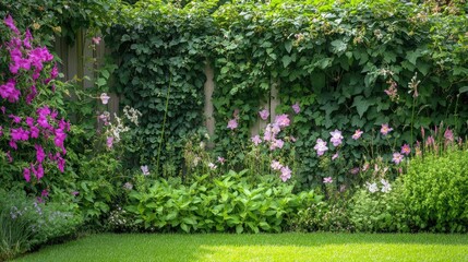 Gorgeous plant fence made from flowering vines and dense green foliage, creating a natural and elegant border in a sunny garden