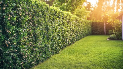 Obraz premium Stunning green plant fence made of tall hedges, providing a beautiful natural barrier in a well-manicured backyard with a realistic landscape