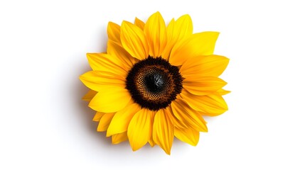Fototapeta premium Close-up of a radiant sunflower with bright yellow petals spread out, isolated on a white canvasThe symmetrical design and bold colors emphasize a summer vibe