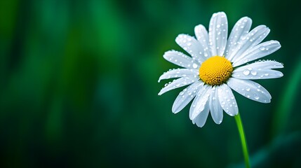 Obraz premium Close-up of a single daisy with dewdrops glistening on its white petals, set against a deep green backgroundThe bright yellow center pops, ideal for wellness content