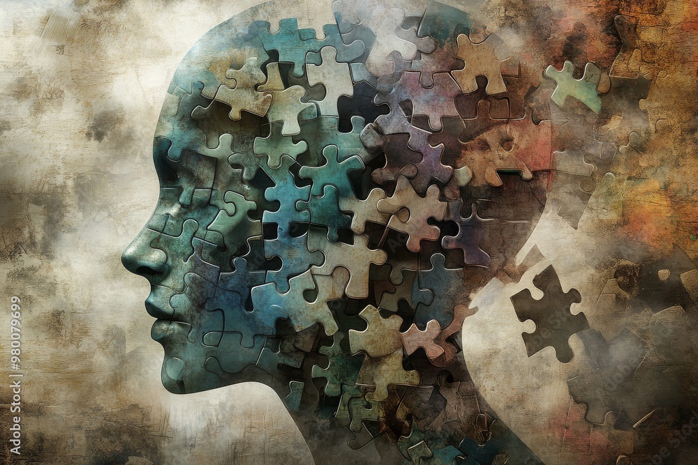 Poster female head composed of puzzle pieces blending with a textured background symbolizing human complexi