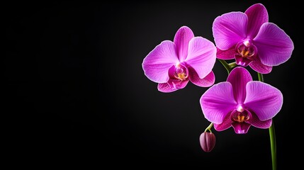 Close-up of a vibrant purple orchid, isolated on a black backgroundThe rich color and elegant shape make it perfect for sophisticated branding