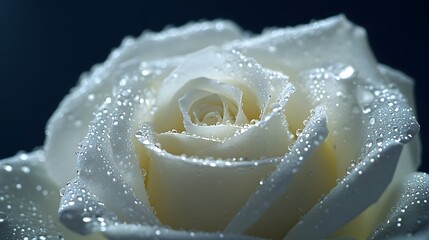 Fototapeta premium Close-up of a white rose with water droplets on the petals, isolated on a dark backgroundThe soft lighting and pure white color create an elegant and romantic image, ideal for wedding