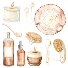 Oak bark cosmetics set. Oil, shampoo, candle and body brush. Watercolor Clip Art on a white background. Illustration is hand drawn in pastel colors. Suitable for card designs, textiles and