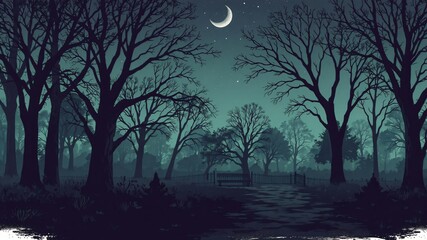 Fototapeta premium dark park minimalist illustration eerie scary background