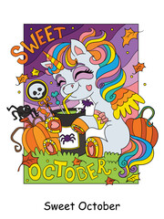 Halloween postcard unicorn baby and lettering vector illustration