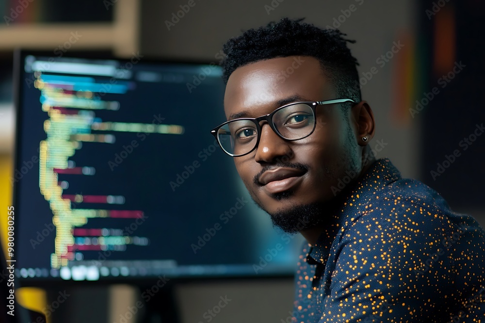 Aufkleber portrait of a young african american programmer wearing glasses looking at the camera while coding i