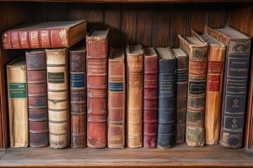 Several colorful old books are propped open on the shelf