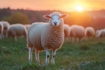 Naklejka premium Sheep in a grassy field at sunset Sheep portrait Herd grazing on a hillside
