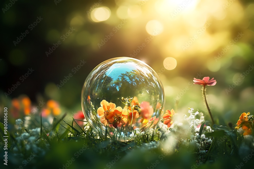 Poster bubble with flowers inside on grass field with bokeh sunlight background