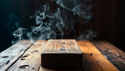 empty wooden table with smoke float up on cinamatic background, arts architecture indoor, ideal for Halloween, spooky events, and atmospheric designs, includes copy space. created with generative ai