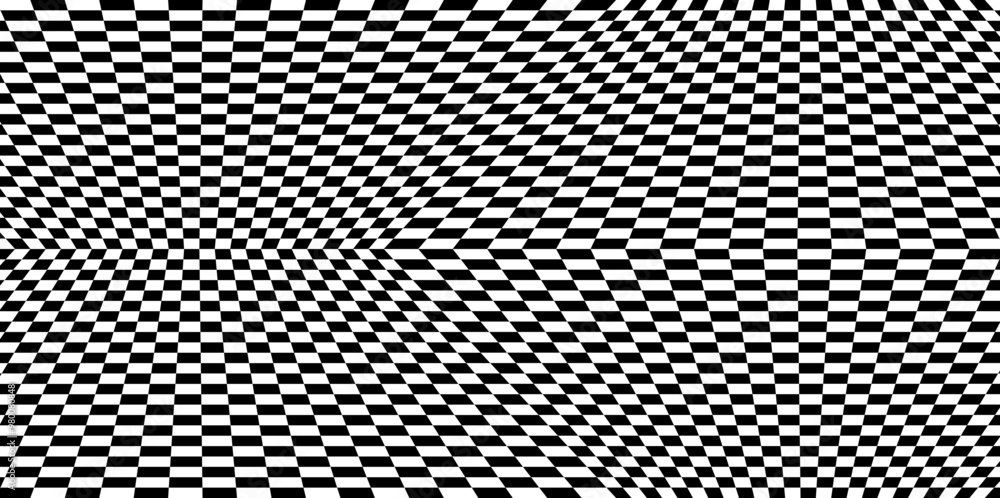 Aufkleber Psychedelic Checker Black and White Pattern. Abstract Distorted Checkerboard. Geometric Optical Illusion. Vector Illustration of Wonderland Chessboard