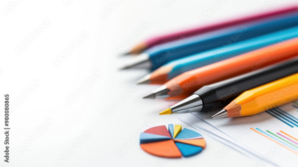 Poster colorful pencils arranged on paper with pie chart, representing creativity and data visualization. f