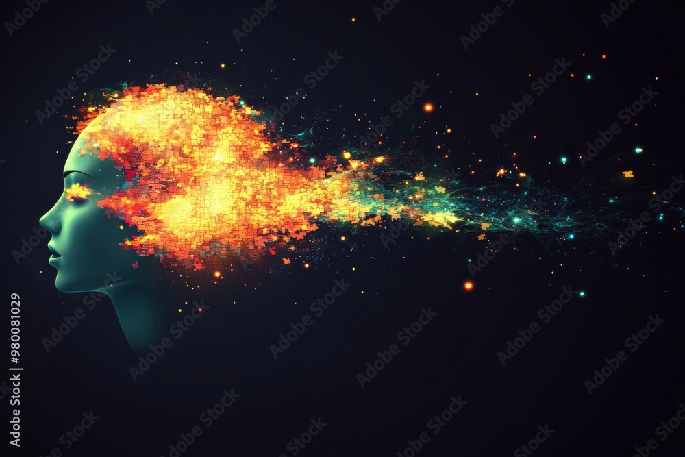 Aufkleber silhouette of a head dissolving into fiery particles symbolizing the disintegration of thought menta