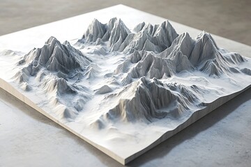 Miniature white plaster mountain range model on a table, illuminated by warm sunlight, capturing intricate terrain details, perfect for art lovers and nature enthusiasts