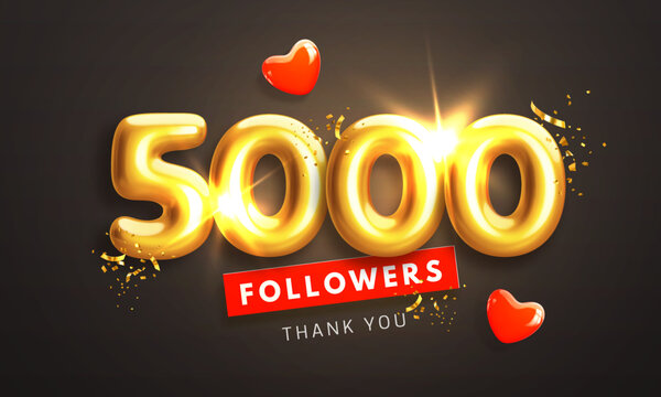 5000 followers celebration banner. Thank you 5k follower peoples. Glossy golden 3d numbers and red hearts in realistic style. Design for channel, group in social network. Vector illustration