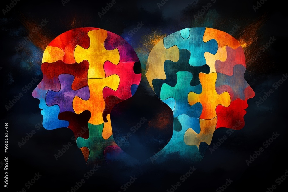 Poster dual profiles of human heads with colorful puzzle pieces symbolizing emotional complexity cognitive 