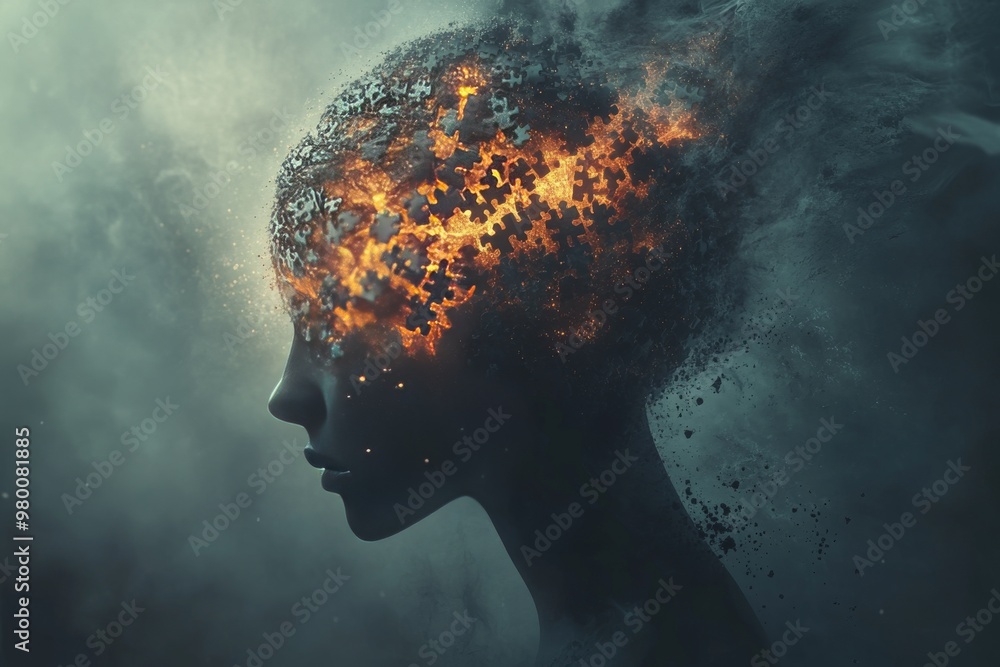 Poster silhouette of a human head filled with fiery cosmic particles symbolizing cognitive dissonance menta