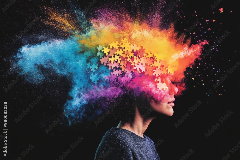 Poster woman’s head exploding into vibrant colorful particles symbolizing creativity cognitive expansion an