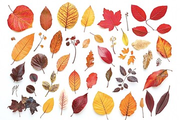 Obraz premium Variety of colorful autumn leaves in red, orange and yellow are lying flat on a white background, forming a beautiful display of fall colors