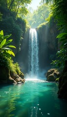 Beautiful tropical waterfall in lush green forest with clear water phone wallpaper