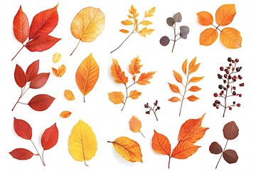 Obraz premium Variety of colorful autumn leaves and berries are arranged on a white background, creating a vibrant and festive fall-themed image