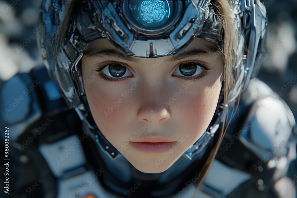 Poster futuristic young boy in an advanced robotic suit symbolizing the future of human augmentation artifi