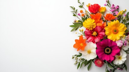 Obraz premium Brightly colored spring flowers in a circular arrangement on solid white background, single object
