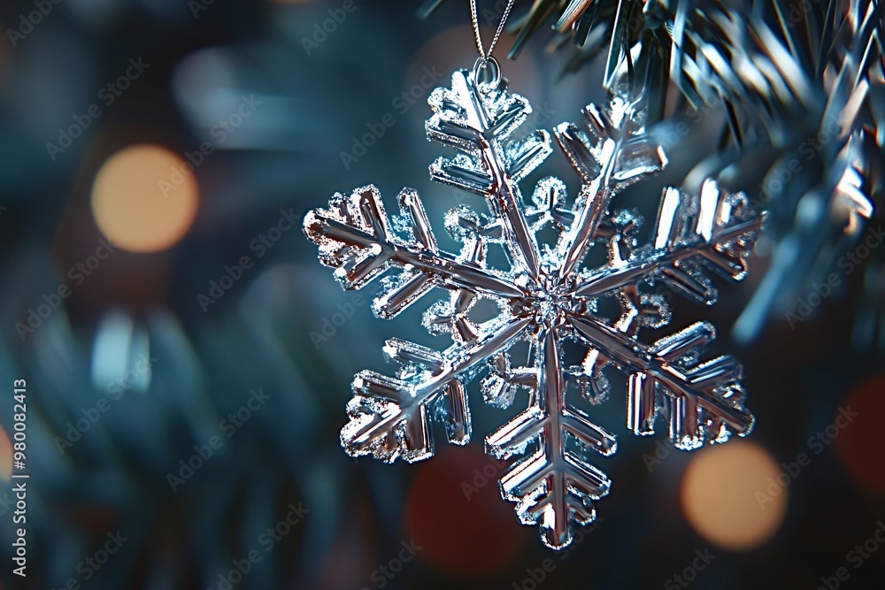 Poster silver snowflake ornament hangs on the branch of a christmas tree, sparkling in front of twinkling l
