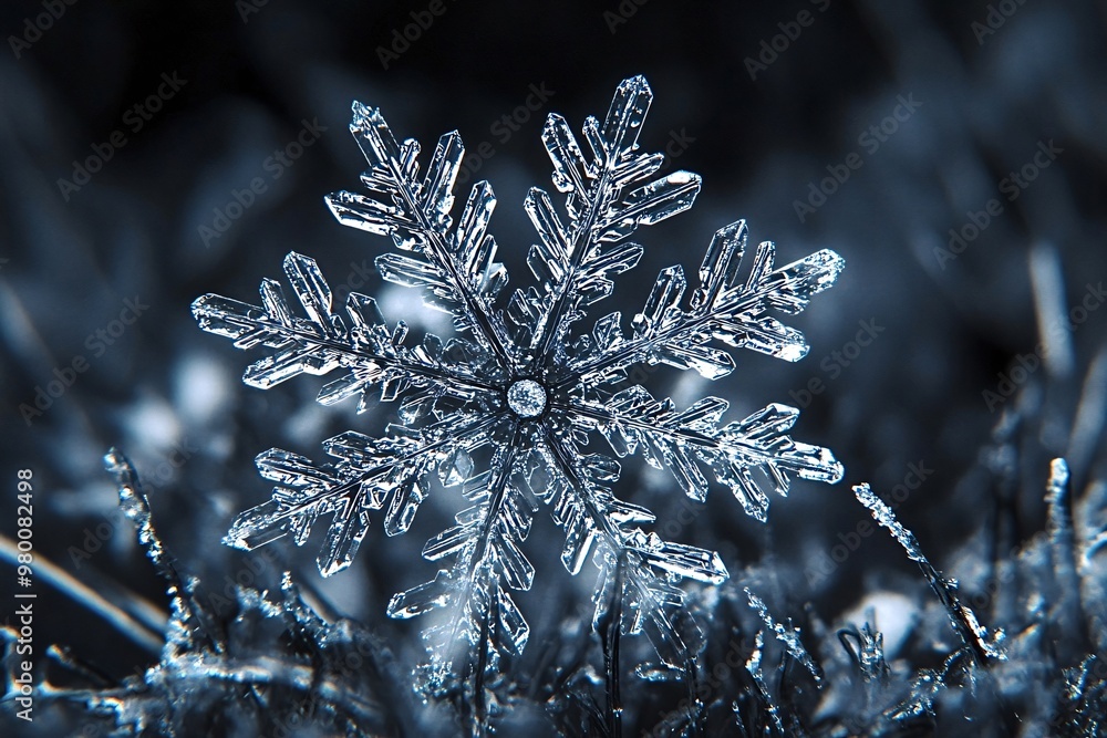 Poster macro photograph of a snowflake resting on frozen grass, showcasing the intricate and unique beauty 