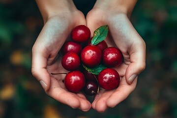 Close up of hands holding fresh red cherries with green leaves, healthy food, summer harvest concept