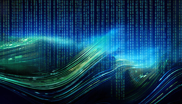Abstract binary code wave background image blue green tones