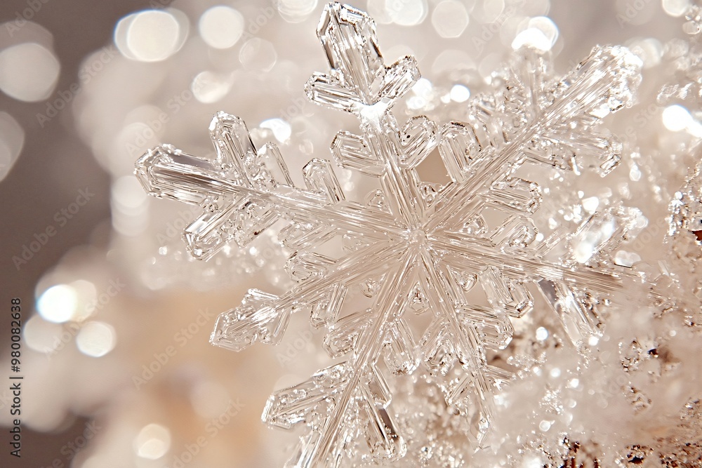 Poster macro photograph of a snowflake sparkling in the sun, showcasing its intricate and delicate structur