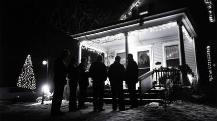 Group of Friends Christmas Caroling in Snow