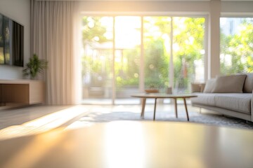 Obraz premium Blur living room at home with morning sunlight at big window for background usage. blur interior background concept. white, britht tone , ai