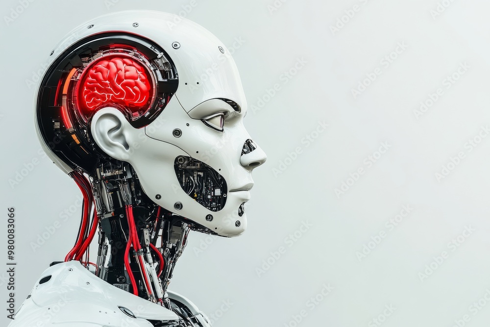Poster side profile of a cyborg with exposed brain symbolizing the connection between biological intelligen
