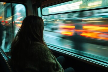 Woman on bus looking out the window at city traffic in motion blur. Concept of transportation, commute, travel, urban lifestyle.