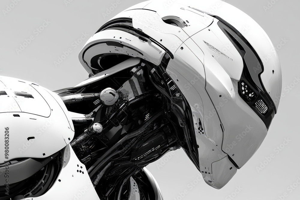 Poster robotic hand gently cradling a robot head symbolizing empathy and human like qualities in artificial