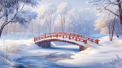 Red Bridge Over Snowy Winter Creek