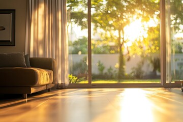 Fototapeta premium Blur living room at home with morning sunlight at big window for background usage. blur interior background concept. white, britht tone , ai