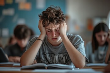 Students with headaches and stress are reviewing exam papers in a classroom