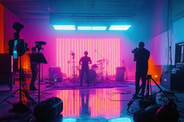 Studio space for music video production featuring neon backdrop includes director cameraman and crew backstage