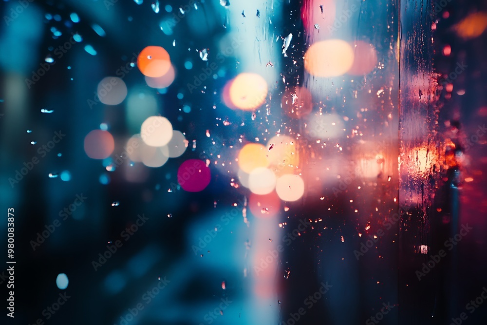 Poster raindrops on window with bokeh city lights in background