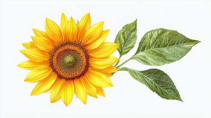 Obraz premium Sunflower with vibrant yellow petals and green leaves, isolated on a plain white background, perfect for nature-themed compositions.