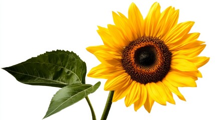 Obraz premium Sunflower with vibrant yellow petals and green leaves, isolated on a plain white background, perfect for nature-themed compositions.