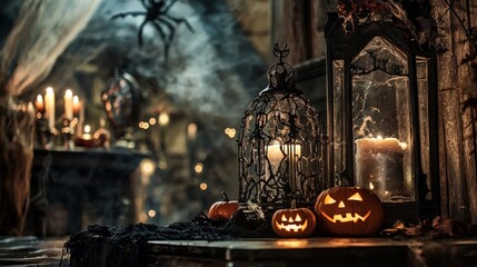 Obraz premium Gothic Halloween Haven, a captivating display of seasonal decor, featuring eerie elements and a haunting ambiance, perfect for creating a chilling atmosphere.