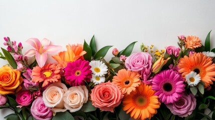 Top view of a mixed bouquet of roses, lilies, and daisies arranged in a circular pattern on a light wooden background, vivid colors, flat lay, botanical illustration, watercolor texture