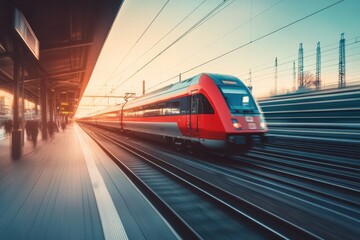 Fototapeta premium Stunning train station in Nuremberg Germany featuring a high speed red commuter train blurred in motion against a vibrant sunset presented with vintage hues