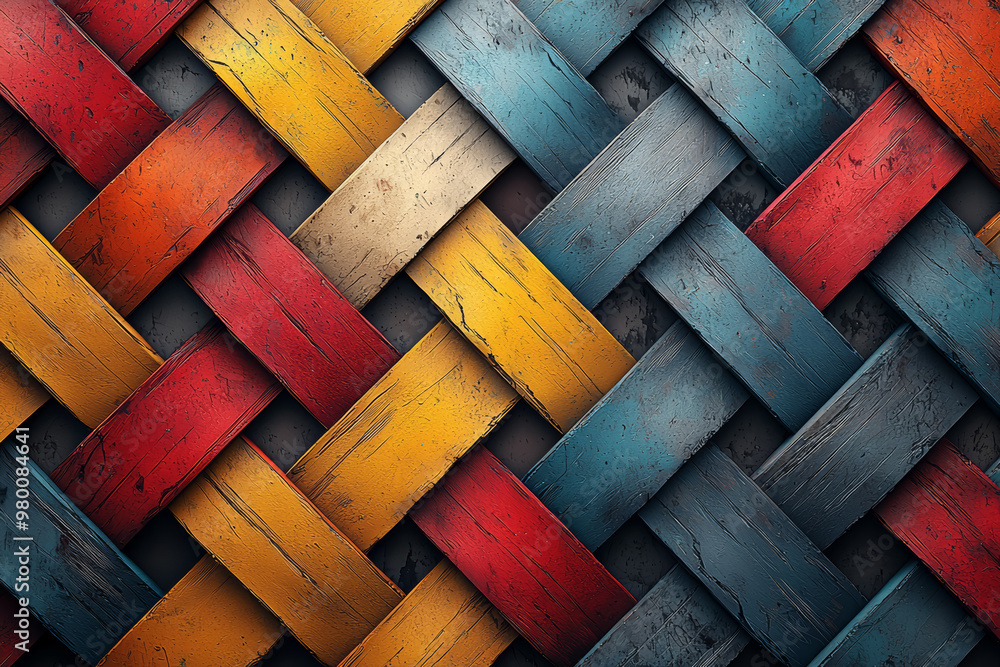 Poster a vivid, geometric pattern of interlocking colors creating a dynamic, eye-catching visual effect. co